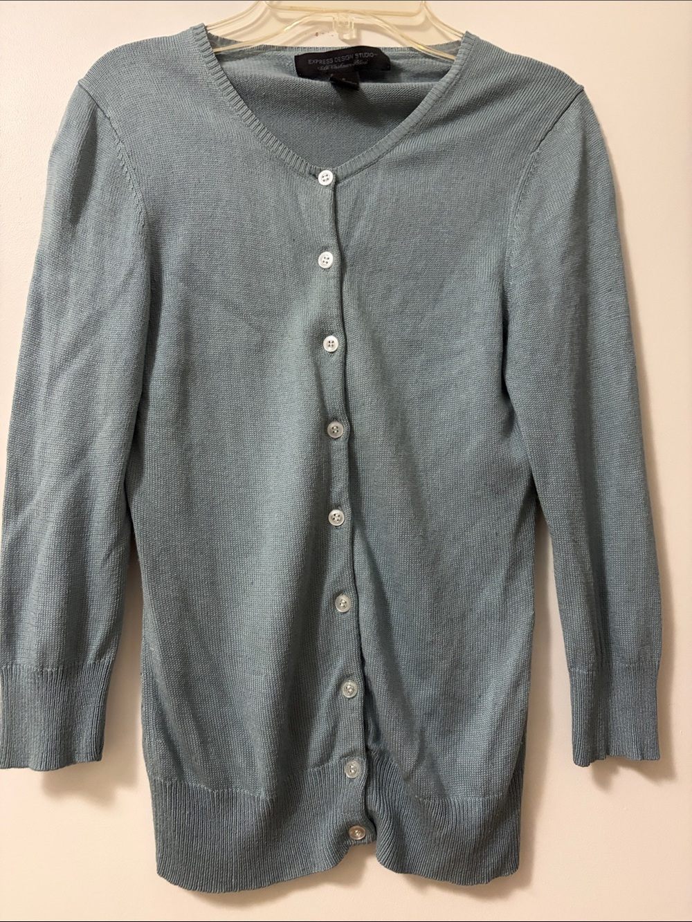 Express Design Studio Silk Cashmere Blend Cardigan 3/4 Sleeve Sage Blue